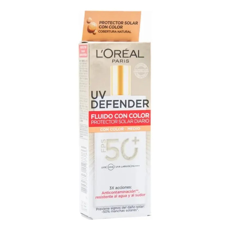L'Oreal Paris Protector Solar Fluid FPS50+ UV Defender, Tono Medio
