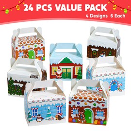 JOYIN JOYIN 24 PCS 3D Christmas House Cardboard Treat Boxes for Holiday Xmas Goody Gift, Goodie Paper Boxes, School Classroom Party Favor Supplies, 4 Designs Candy Treat Cardboard Cookie Boxes
