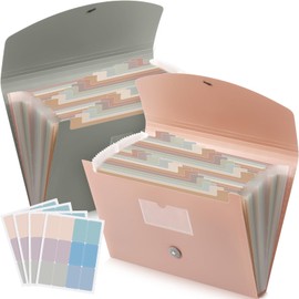 Harloon 2 Pack 24 Pockets Expanding File Folder with Cover Labels, Expanding File Organizer with Expandable Cover, Desktop Folders Letter A4 Paper Document Storage Organizer (Dark Green, Dark Pink)