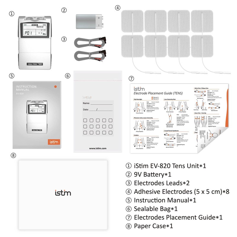 iStim Tens Unit Stimulator Machine - EV820 with 8 Electrodes