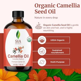 SVA Organics Aceite de camelia orgánico USDA 4 onzas, aceite portador puro natural prensado en frío para cuidado de la piel, cabello, limpiador facial, champú