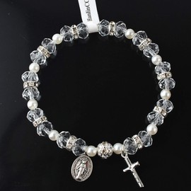 HanlinCC Women's Beaded Stretch Rosary Bracelet with Crucifix and Miraculous Medal (White)