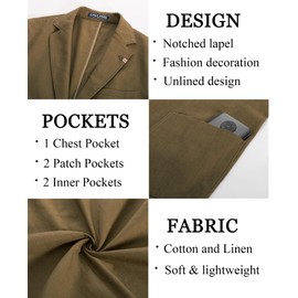 PJ PAUL JONES Mens Sport Coats and Blazers Classic Fit 2 Button Cotton Blazer Breathable Unlined Linen Blazer Jacket Dark Khaki L