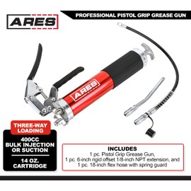 ARES 53015 – Professional Pistol Grip Grease Gun – Includes 18-Inch Flex Hose with Spring Guard and 6-Inch Offset Extension – 4500 PSI Working Pressure Rating