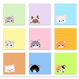 Aacehlh 9 Pack Sticky Notes,50 Sheets/Pad,3x3inch Cat Self-Stick Pads Bright Colors Sticky Note,Square Sticky Notes for Office, Home, School, Meeting (Cat Pattern 9 Packs)