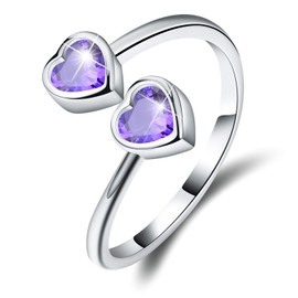 Esberry ✦Gifts for Christmas✦ 18K Gold Plating 925 Sterling Silver Birthstone Rings Heart Shape Cubic Zirconia Rings Double Gemstone Adjustable Rings for Women (February-Amethyst)