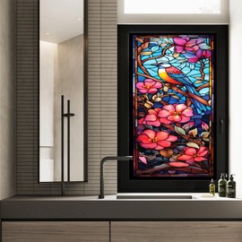 WBQMUNY Stained Glass Window Film,Static Cling Hummingbird Window Sticker,Bathroom Glass Window Decals Non Adhesive for Home Windows,17.7" x 39.5"