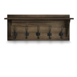 HBCY Creations  Rustic Brown Solid Wood Wall Mounted Coat Rack with Shelf, 5 H