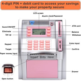 YaBao Pounds Version Electronic ATM Savings Bank Digital Piggy Money Bank Machine,Electronic Cash Box with Debit Card,Password Login,Voice Prompt,Coin Recognition,Targets Setting (Silver/Pink)