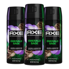 AXE Premium Deodorant Body Spray for Men Emerald Sage 3 Count with 72H Odor Protection and Freshness Infused with Geranium, Cedar, and Patchouli Essential Oils 4 oz