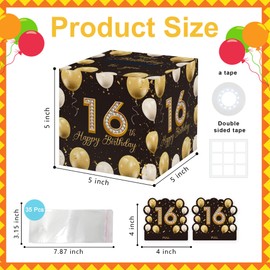 Azbuk 16th Birthday Surprise Gift Box, 16th Birthday Gifts for Girls Boys, Happy Birthday Money Gift Boxes for Cash with Pull Out, Black Gold Decor for 16th Birthday Party