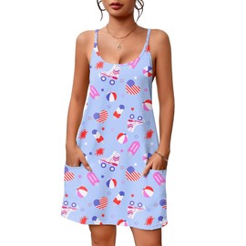 Ekouaer Nightgowns for Women Cotton Sleepwear Adjustable Spaghetti Strap Sleepshirt Racerback Night Dress with Pockets Flag L