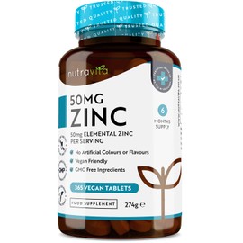 Zinc Tablets 50mg – 365 Vegan Tablets for 6 Months Supply – Zinc Supplement High Strength for Maintenance of Normal Immune System, Bones, Hair, Skin & Nails – Made in The UK by Nutravita