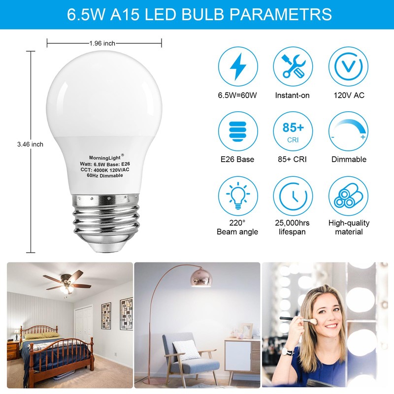 MorningLight A15 Ceiling Fan Light Bulb, 60 Watt Equivalent, 6.5W