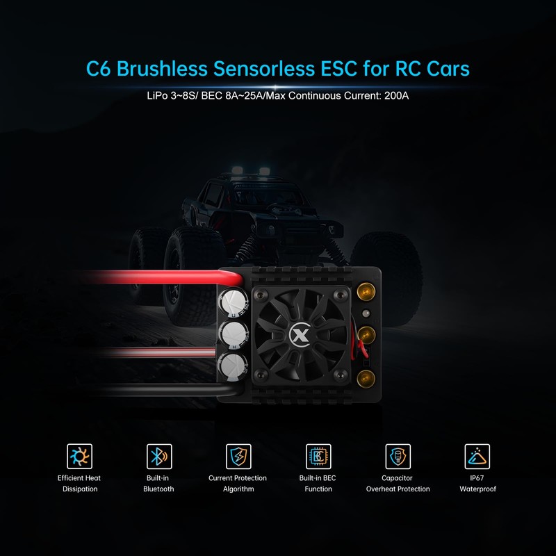 XC C6 Sensorless Brushless ESC for RC Car,3-8S Lipo,200A Continuous