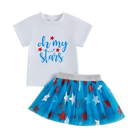 BemeyourBBs Toddler Girl 4th of July Outfit USA T shirt Red White and Blue Tutu Skirt Set Fourth of July Outfit for Girls (Oh my stars blue, 2-3T)