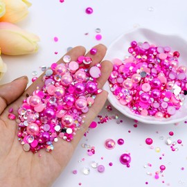 Briskbloom 60g Mix Pearls and Rhinestones for Crafts - 3620PCS 2mm-10mm Flatback for Nails, Face Art, Tumblers - Jelly and Half Pearls - Light Pink, Hot Pink, Clear