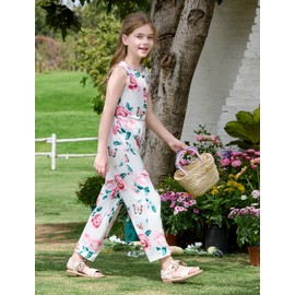 PATPAT Girls Jumpsuits Size 5-6, Pink+Black Floral+White Butterfly, 3 Pcs Jumpsuits Kids Romper 5-6, V Neck Sleeveless Button Down Romper With Pockets, Back To School Outfits Kids Overalls