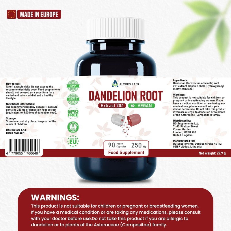 Alzuro Labs Dandelion Root 5,000mg Equivalent | Maximum Strength 250mg