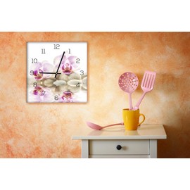 levandeo Glass Wall Clock 30 x 30 cm Glass Picture Pink Orchids Bamboo FengShui Wellness Decoration