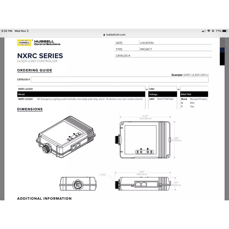 Hubbell NEW HUBBELL NXRC-UL924-UNV EMERGENCY LIGHTING LOAD CONTROLLER 1-ZONE NX