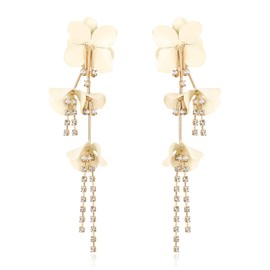 BriLove Crystal Statement Flower Dangle Earrings Unique Chic Long Tassel Enamel Boho Layered Floral Petal Drop Stud for Women Summer Refreshing Seaside Idyllic Holiday Clear Gold-Toned