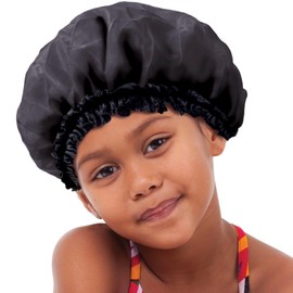 DONNA KIDS SATIN BONNET Sleeping Cap Hair Bonnet Soft Satin Kids Hair Bonnet Shower Cap for Kids BLACK