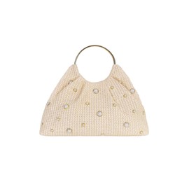 MakeMeChic Women's Straw Beaded Handbag Ruched Circle Handle Evening Bag Clutch Purse Beige One Size