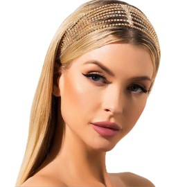 Aularso Cadena para el pelo con diamantes de imitación en capas, para boda, diadema de cristal, elástica, accesorios para el cabello para mujeres y niñas (dorado)