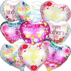 AxiyanX Happy Mother‘s Day Balloons 9PCS with Ribbon - 18 Inch Heart Foil Balloons, No Helium Required, Perfect for Mother’s Day Party Decorations, Gifts, Home & Office Decor