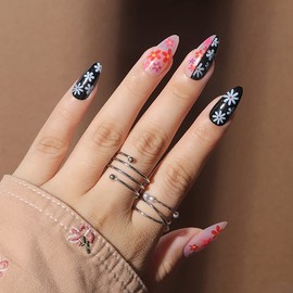 False Nails for Sticking, Flowers Press On Nails Almond Long Black Red Sunflower Nails for Sticking Long for Women and Girls (Pack of 24)