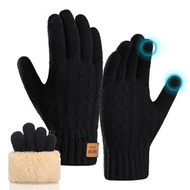 MADGININE Winter Gloves for Women Men, Thermal Touch Screen Gloves with Fleece Lining Knit Stretchy Warm Gloves for Cycling Running(Black)