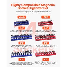 VEVOR Magnetic Socket Organizer Set, 6PCS Socket Holder, 1/4'', 3/8'' & 1/2'' Metric SAE Socket Trays with Clear Labels, Hold up to 143PCS Standard & Deep Sockets, Blue & Red (Sockets Not Included)