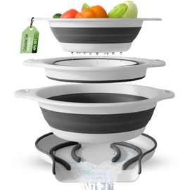 Gevoli Collapsible Colanders (3 Pack Set) Food Strainers with Over-Sink Water Draining Base for Pasta Fruits and Vegetables, White (3 Sizes, 3QT, 4QT and 5 Quart)