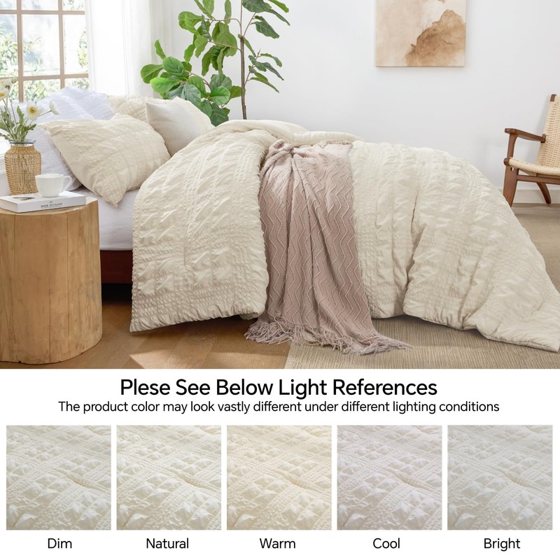 BEDELITE Queen Comforter Set, Seersucker Bedding Set 3 Pieces, Cream