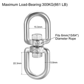 sourcing map M6 Swivel Eye Double Ended Round Rotating Hoist Ring, 15/64 in Stainless Shackle Connector Bolts Eye to Eye 1 Pcs