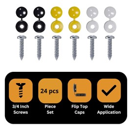 24 Pcs Number Plate Screws and Caps Set –Black, White & Yellow Screw Caps + 12 Self Tapping Screws | Number Plate Fixing Kit for Car Number Plates, Registration Plates & License Plates