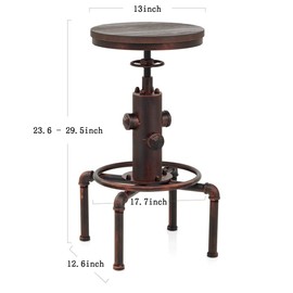 Topower American Antique Vintage Industrial Barstool Solid Wood Water Pipe Fire Hydrant Design Cafe Coffee Industrial Bar Stool Set of 2 (Red Bronze, 2)