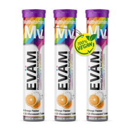 EVÄM Multivitamin Effervescent Tablets, Orange Flavour, 3 x 20 Pieces, Dietary Supplement with 10 Important Vitamins for Daily Vitamin Requirements, Vegan, Sugar-Free, Made in Germany