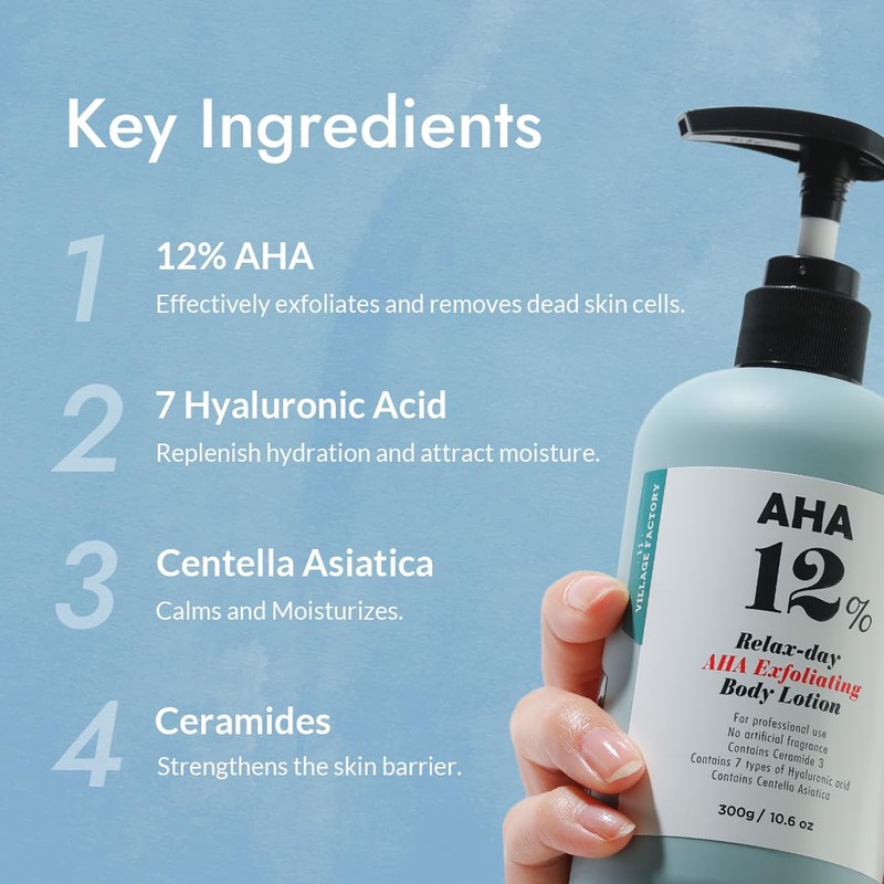 VILLAGE11FACTORY AHA 12% Body Lotion, Korean Body Cream, Exfoliating &