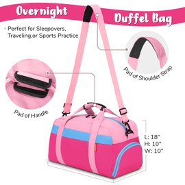 WOOMADA Kids Duffle Bag for Boys or Girls, Kids Overnight Bag with Shoe Compartment＆Wet Pocket, Ideal for School Practice, Sports, Travel(pink&hot pink)