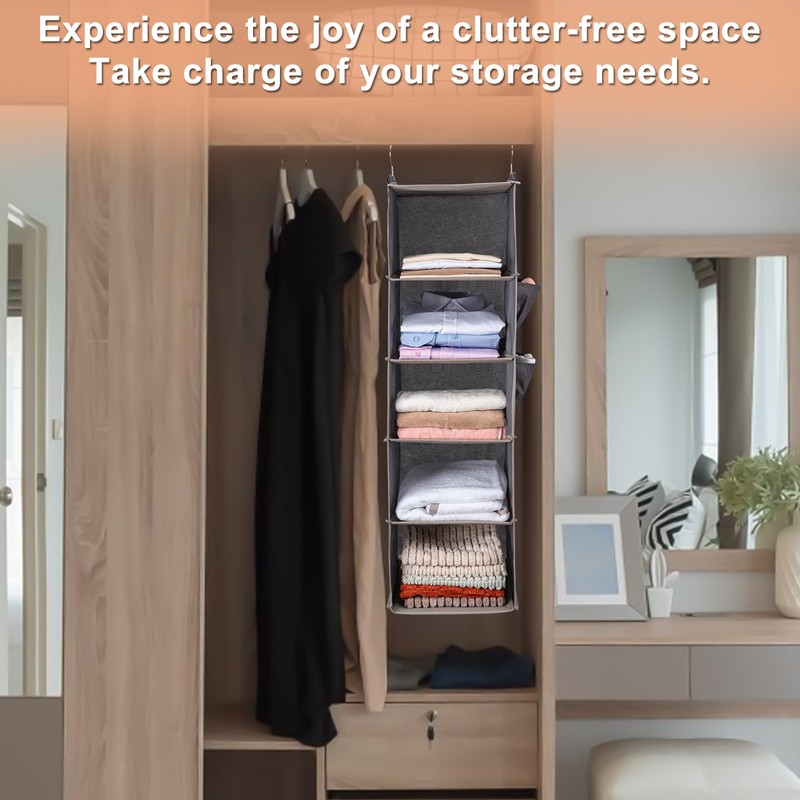 BOOMIBOO Hanging Closet Organize and Shelves，5-Hanging Shelf with 2 Side