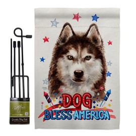 Patriotic Brown Siberian Husky Garden Flag Set with Stand Animals Dog Puppy Spoiled Paw Canine Fur Pet Nature Farm Animal Creature Small Gift Yard House Banner Made in USA 13 X 18.5
