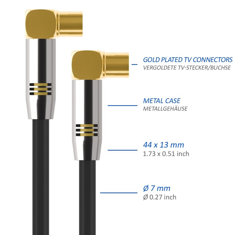 deleyCON TV Cable Plug 90°/Jack 90° Gold-Plated, Black