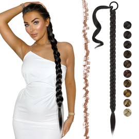 FESHFEN Long Braided Ponytail Extensions with Hair Tie, 26 inch Natural Black Straight Wrap Around Hair Piece Ponytails for Women Synthetic Pony Hairpieces for Daily Wear