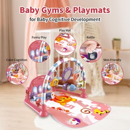 GUGUKUKU Baby Gym Play Mat Kick and Play Piano Tummy Time Mat for Floor Baby Gym Activity Mat with 5x Infant Sensory Toys & 4x Wrist Rattle Socks, Gift for Babies Newborns & Toddlers 0-3-6-9-12 Months