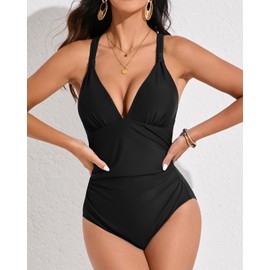 VECENEY One Piece Bathing Suit for Women Tummy Control Swimsuits V Neck Crisscross Back Swimming Suits Black XL
