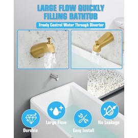 Tub Spout with Diverter, Slip On Bathtub Spout Fits 1/2'' Copper Tube(5/8'' Dia), Bathroom Tub Faucet with PTFE Tape & Hex Wrench, Brushed Gold