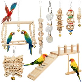 Sonwyoung 10 Pcs Parrot Swing Toys and Bird Perches Platform with Climbing Ladder Chewing Standing Hanging Parakeet Toys Bird Cage Accessories for Budgerigar Conure Cockatiel Finches Lovebirds
