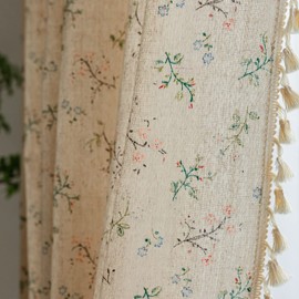 ENJOYBRIDAL Floral Bedroom Curtains 84 Inch Length 4 Panels Set Farmhouse Semi Sheer Living Room Drapes Cotton Linen Blend Bohemian Window Curtain Panels with Tassel Beige Rod Pocket Drapes